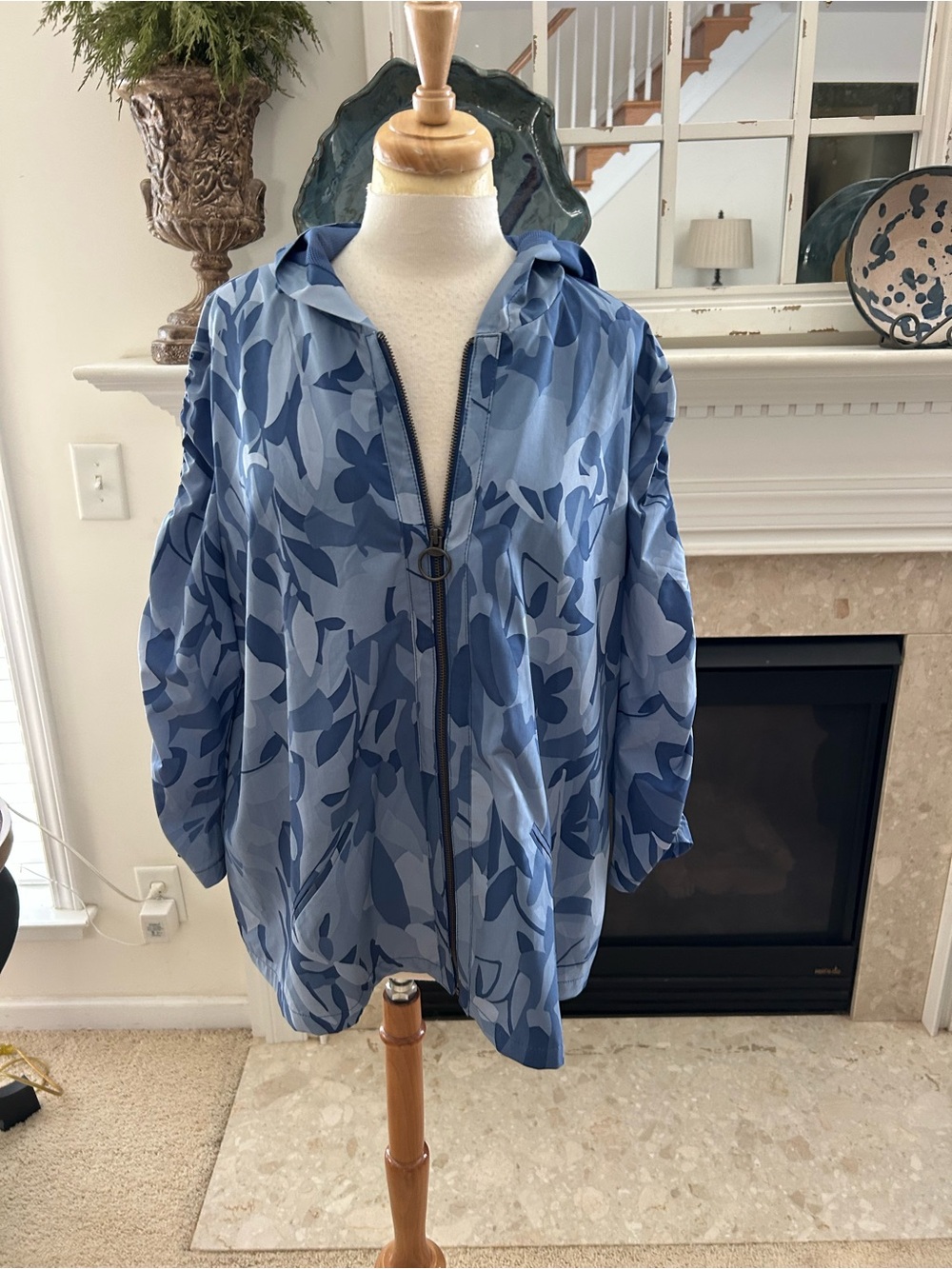 Chico’s Lightweight Blue Floral Hooded Zip Jacket